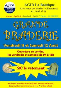 GRANDE BRADERIE (Boutique Solidaire AGIR). Du 11 au 12 août 2017 à CHATEAUROUX. Indre.  09H00